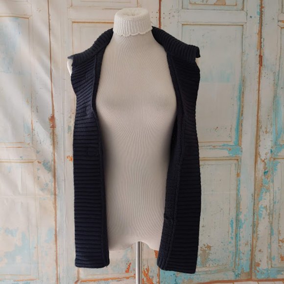 Style & Co petite cable knit cardigan button sleeveless sweater/sizePM/navy blue - Picture 7 of 8